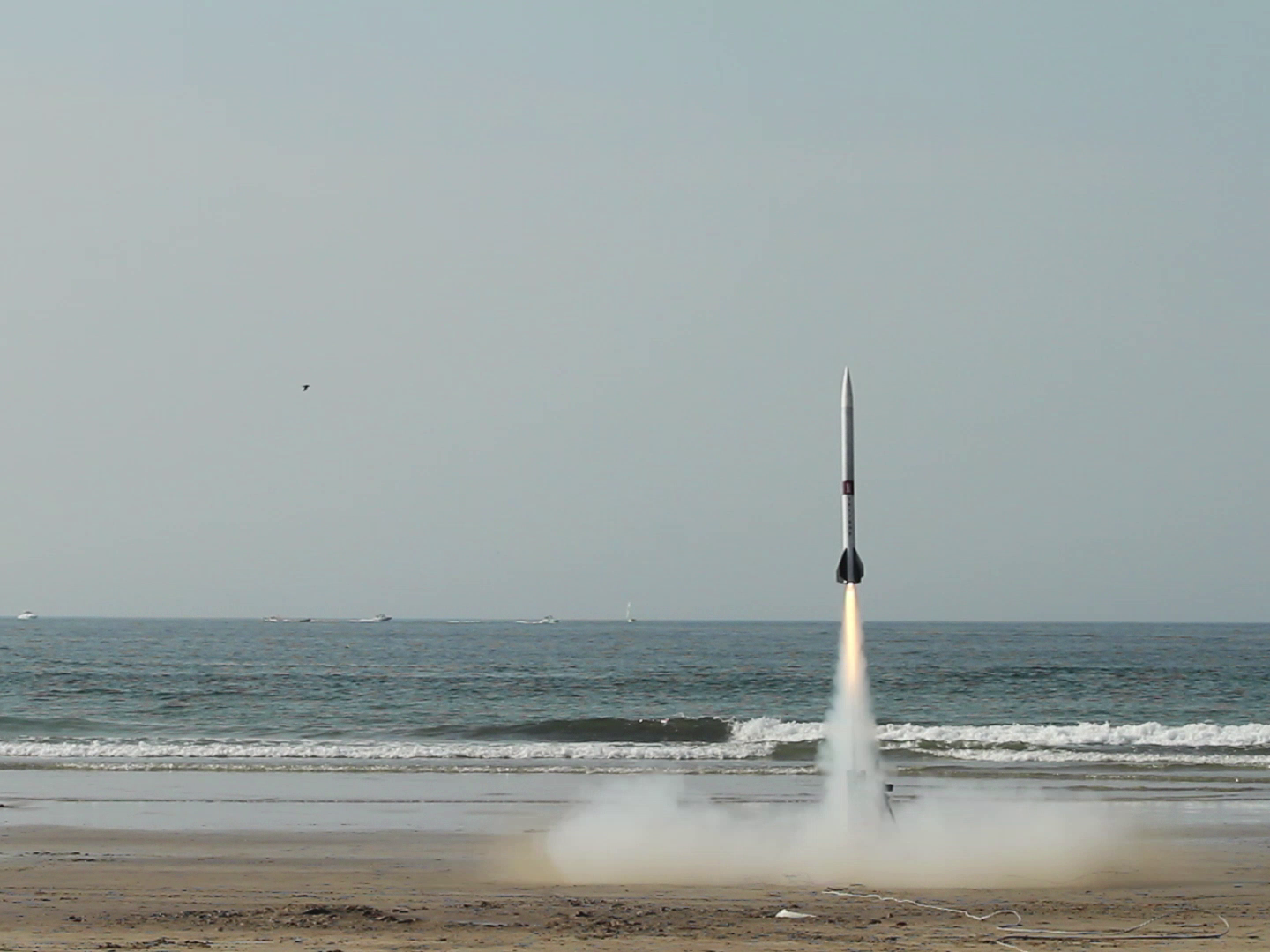 5 foot Triton rocket sitting on the launch rail before launch